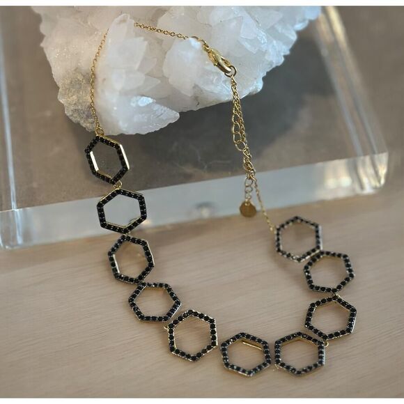 Sterling Forever Gold Hexagon Black CZ Necklace - Picture 2 of 7